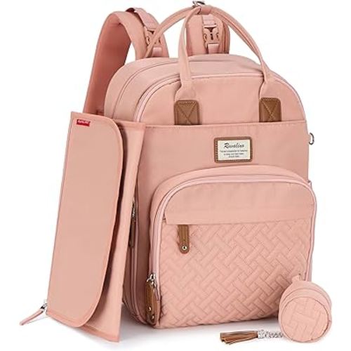 RUVALINO Diaper Bag Backpack, Multifunction Travel Pack Maternity Baby Changing Bags, Large Capacity, Waterproof, Pink