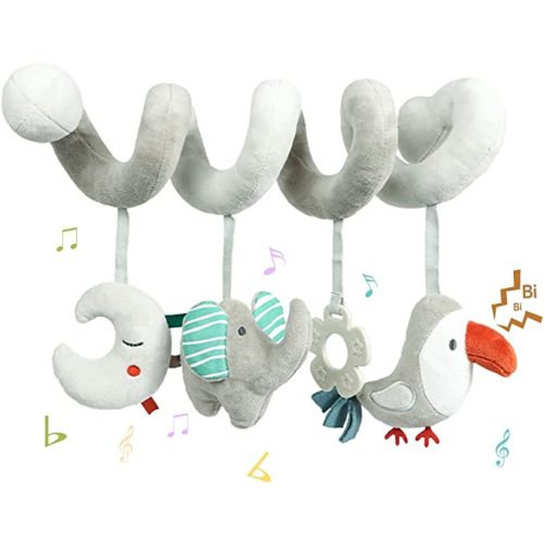 Baby Car Seat Toys, Activity Spiral Plush Hanging Wrap Around Pram Pushchair Stroller Toys, Sensory Early Education Toy for Toddler, Grey Elephant