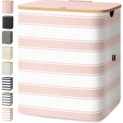 BALEINE Laundry Hamper with Lid, Tall Laundry Baskets with Bamboo Pull Handles, Large Laundry Bin with Internal Support (36 Gal/140L, Pink Stripe)