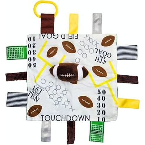 Baby Jack & Co 10x10” Football Sports Lovey Sensory Plush Blanket - Tag Toys for Babies - Baby Stroller Toys - Learn Shapes, Letters & Colors - MVP Baby Ball Toy & Baby Sports Gift