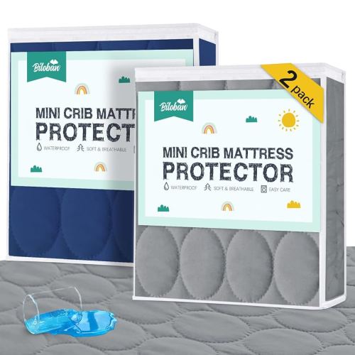 Mini Crib Mattress Protector Sheets Waterproof 2 Pack, Quilted Pack and Play Mattress Pad Cover Fits for Baby Mini Crib/Playen/Pack and Play Mattress, Grey & Navy, 38"x24"