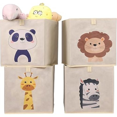 Navaris Toy Storage Boxes - Kids Bedroom Cube Baskets w/Pull-Out Loop - Fabric Collapsible Box Drawers Unit for Shelves - Compatible with Ikea Kallax Inserts - Set of 4 Animals