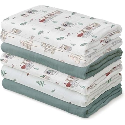 GLLQUEN BABY Receiving Blanket Boy Cotton Muslin Swaddle Blankets Girl Newborn Squares Breathable & Soft Thin Baby Blankets Cloths Double Absorbent Infant Swaddling Wrap - 6 Pack (Pine Tree & Train)