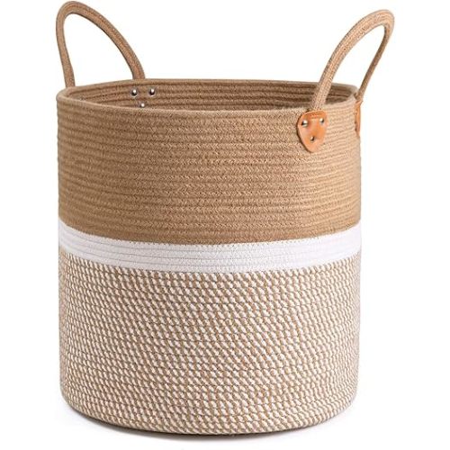 CHICVITA Extra Large Jute Basket Woven Storage Basket with Handles – Laundry Basket Toy Towels Blanket Basket Home Decor Gift, 16" x 16", White