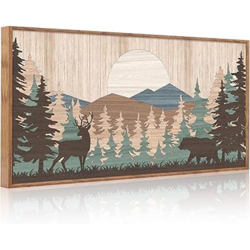 CHDITB Woodland Bear Moose Wild Animals Framed Wall Art(40"x20"), Retro Forest Mountain Sun Wildlife Artwork Painting, Adventure Hunting Themed Nature Landscape Posters Print for Nursery Baby Boy Room Bedroom