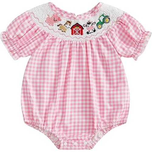 FIOMVA Toddler Baby Girl Clothes Summer Smocked Bubble Romper Embroidery Onesie Short Sleeve Bodysuit Cute Outfits
