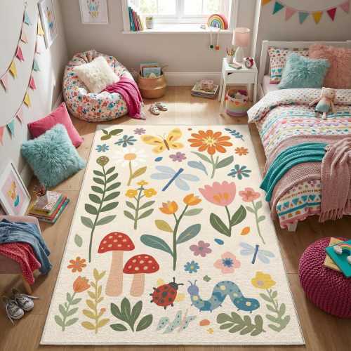 Wildflower Kids Rug — Butterfly & Mushroom Botanical Carpet