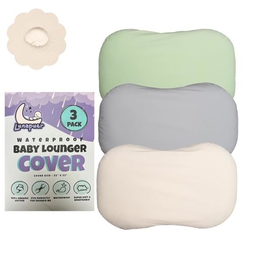 100% Waterproof Baby Lounger Cover - 2-Ply Organic Cotton Slipcovers Keep Your Lounger Clean & Your Baby Comfy - Machine Washable - (Lounger Not Included) - 3-Pack Includes Gray, Off-White & Sage