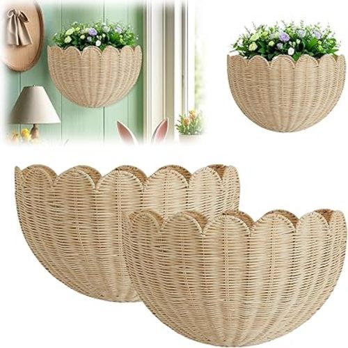 Scalloped Basket, Hanging Home Decor for Bedroom Bathroom, Scalloped Wall Wicker Basket (2Pc)
