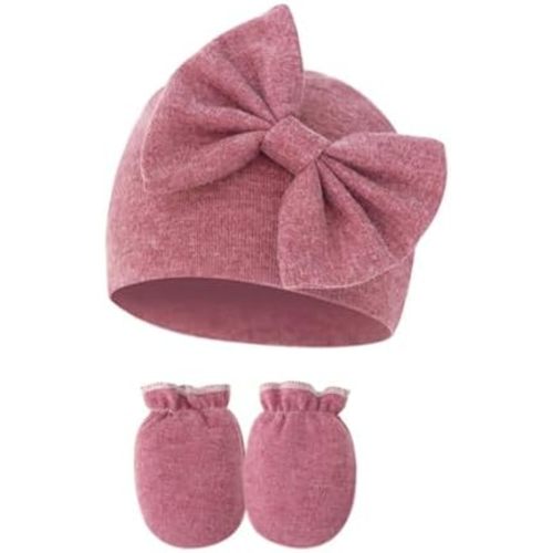 UTTPLL Newborn Beanies Cap No Scratch Mittens Set 0-6 Months Infant Bow Caps Baby Girls Boys Cute Nursery Headbands Hats