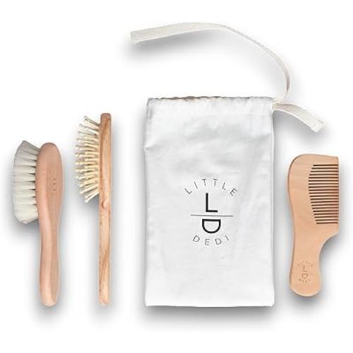 Premium 100% Beechwood Baby Hair Brush Set with Natural Goat and Bamboo Bristles in a Cotton Pouch - Gentle Care for Your Baby's Delicate Strands