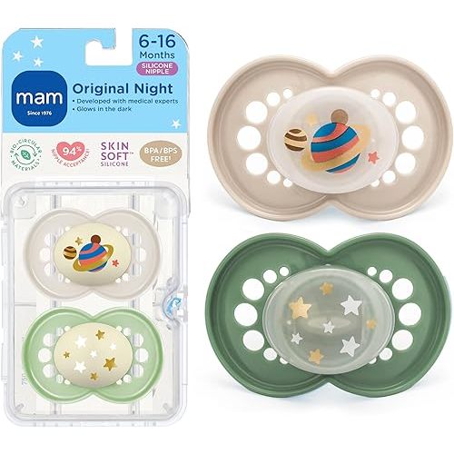 MAM Original Baby Pacifiers 6-16 Months, Binky for Newborn Babies, BPA-Free Skin Soft Silicone Nipple, Glows in The Dark, Developed with Medical Experts, 2 Count, Sterilizer Case, Made in Europe