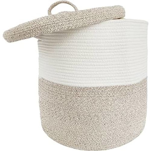 Large Storage Basket with Lid, 16"Wx18"H Woven Laundry Basket with Lid Cotton Laundry Basket, Wicker Basket Blankets Pillows Storage in Living Room, Beige/White Mix with Lid