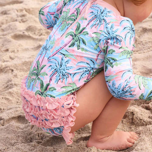 Long Sleeve Rash Guard With Ruffle Bottom | Pastel Palms
