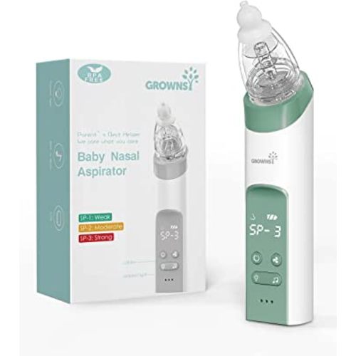 GROWNSY Nasal Aspirator for Baby, Electric Nose Aspirator for Toddler, Baby Nose Sucker, Automatic Nose Cleaner with 3 Silicone Tips, Adjustable Suctions, Music and Light Soothing Function (Green)