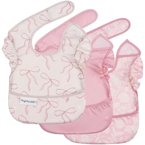 Tiny Twinkle Mess-Proof Baby Bibs for Eating | Waterproof, Wipeable Toddler Bibs with Catch-All Pocket | Feeding Bibs for Girls & Boys(3 Pack,Toile,Bows)