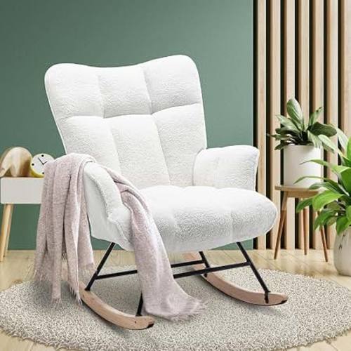 Amazon.com: SAETSFEG Rocking Chair Nursery Teddy Upholstered Glider Rocker Rocking Accent Chair Padded Seat with High Backrest Armchair Comfy Side Chair for Living Room Bedroom Offices (White Teddy)