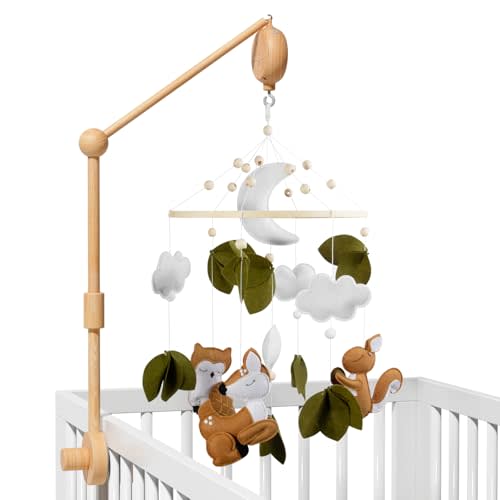 FEISIKE Woodland Animals Theme Bassinet Baby Nursery Mobiles with Modes Digital Music Box 3In1 Set-34 Inch Wooden Mobile Arm for Crib Mobile Hanger for Crib Baby Nursery Decor