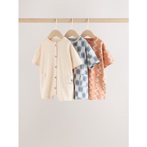Neutral Sunbaked Printed Button Through Jersey Baby Rompers 3 Pack