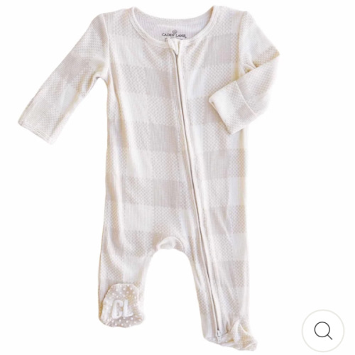 Caden Lane | Bamboo Waffle Zipper Footie | Size: 0-3 months | Color: Sand Big Check