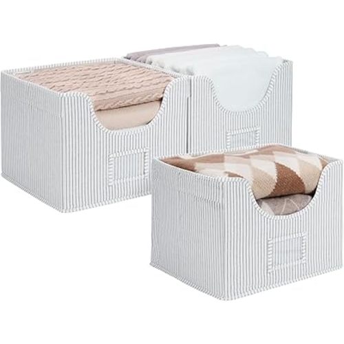 StorageWorks Closet Storage Bins, Closet Shelf Organizers, Fabric Storage Bins, Closet Organizer Bins with Cutout Window and 2 Handles, Clothes Storage Organizer, Large, Grey and White Stripes, 3-Pack