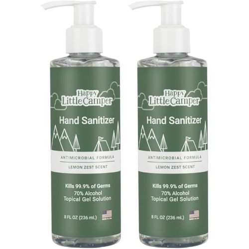 Happy Little Camper Hand Sanitizer with Lemon Zest Scent - Moisturizing Gel with Vitamin E & Antimicrobial Formula- Contains 70% Ethyl Alcohol - Travel Size, Made in USA - 2x 8oz bottles
