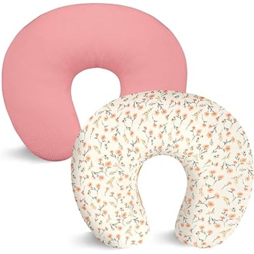 Hooyax Muslin Nursing Pillow Covers 2 Pack, Soft and Breathable Nursing Covers for Breastfeeding Pillows, Adorable Infant Feeding Pillow slipcover for Baby Boy and Girls (Pink Floral)