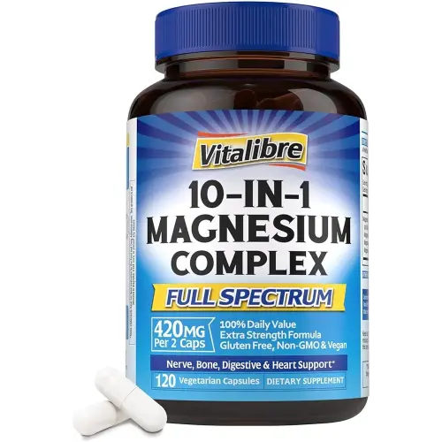 10 in 1 Magnesium Complex, 420mg Elemental Magnesium | Ultra Strength, Max Absorption | Chelated Magnesium Supplement for Sleep, Nerves & Heart Health | Non-GMO, 120 Vegan Capsules