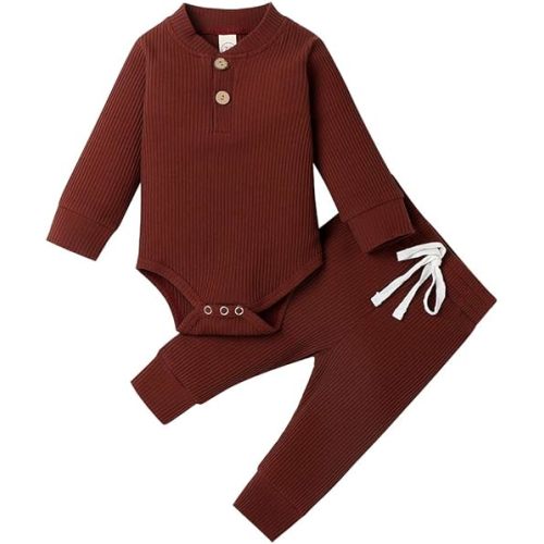 Ledy Champswiin Winter Newborn Baby Boy Girl Clothes Set Ribbed Outfits Unisex Infant Solid Long Sleeve Tops Pants 2PCS
