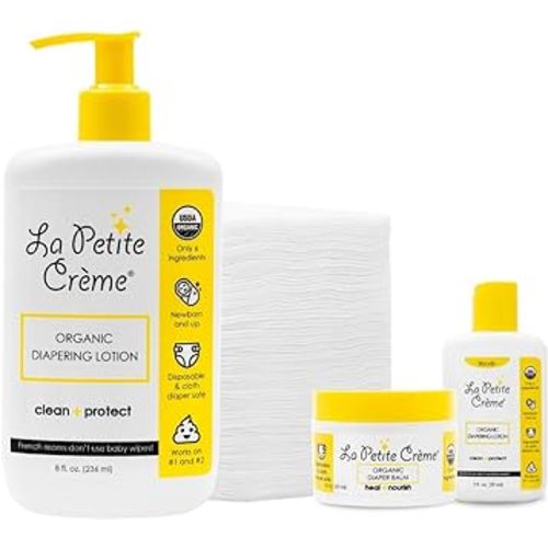 La Petite Creme Premium French Diapering Gift Set: Includes Organic Diapering Lotion (8 oz), Travel-size Diaper Lotion (2 oz), 1 Travel-size Diaper Balm (1 oz), 50 Disposable Cotton Pads - Newborn Es