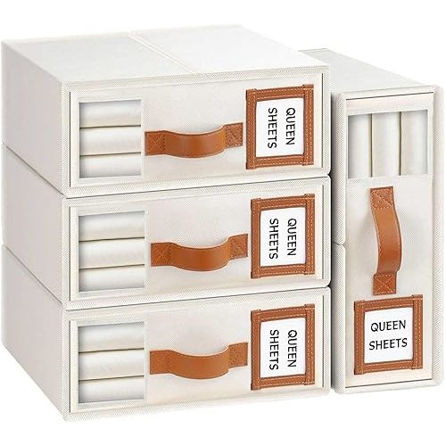 LHZK Sheet Organizers and Storage 4 Pack, Foldable Bed Organizers (Queen & King Size) With Leather Handle, Window and Label, Beige