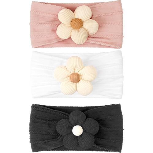 CÉLLOT Baby Flower Headbands Baby Girls Nylon Headbands Baby Essentials Stretchy Hairbands Handmade Hair Accessories for Newborn Infant Toddlers Kids (White,Pink,Black)