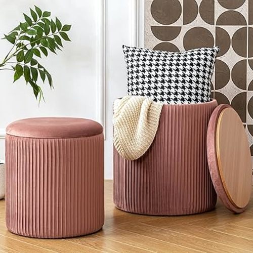 Ottoman with Storage Set of 2, Velvet Round Storage Ottoman, Upholstered Sponge Vanity Stool Support 300lbs, Multifunctional Coffee Table Foot Rest Ottoman for Living Room Bedroom, Pink