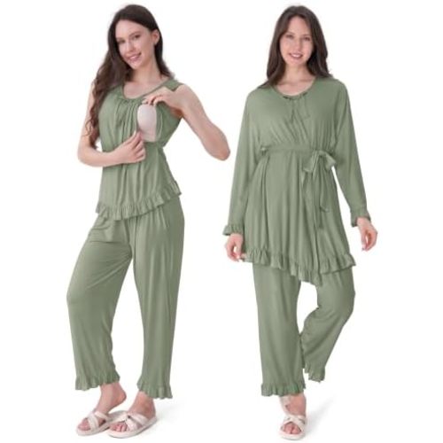 SUNNYBUY 3 PCS Ruffle Maternity Nursing Pajamas Set & Robe for Postpartum