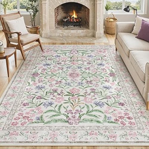 Lahome Purple 8x10 Area Rugs for Living Room, Washable Kids Rugs for Bedroom Girls, Vintage Baby Rugs for Nursery, Soft Thin Carpet for Dining Room Playroom, Pale Lilac/Pink