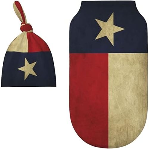 Texas Lone Star State Flag Pattern Baby Newborn 100% Cotton Swaddle Blanket with Beanie Hat Set Cotton Receiving Blankets Sleep Sack for Girls Boys Infant Gifts