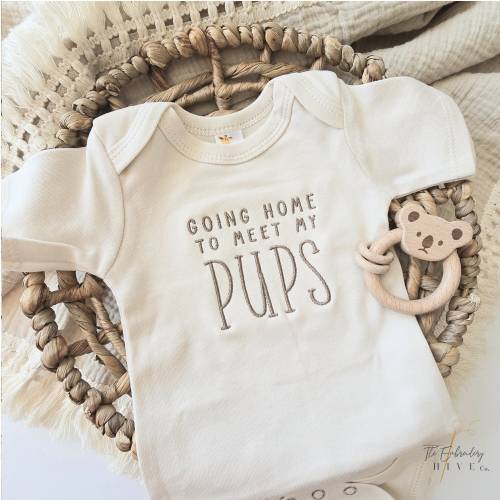 Embroidered Going Home to Meet My Pups Onesie® brand, New Best Friend Onesie, Personalized Dog Name Onesie, Dog Name Onesie, F45
