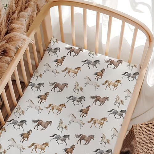 Unisex Cute Farm Animals Horses Pattern Baby Fitted Crib Mattress Sheets for Baby Boys Girls Standard Crib and Toddler Mattress, Soft Breathable Horses Print Crib Sheets Baby Nursery Bedding-28 * 52