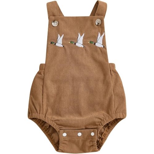 Infant Baby Boy Girl Mallard Duck Corduroy Overalls Romper Embroidery Duck Sleeveless Bodysuit Hunting Baby Clothes