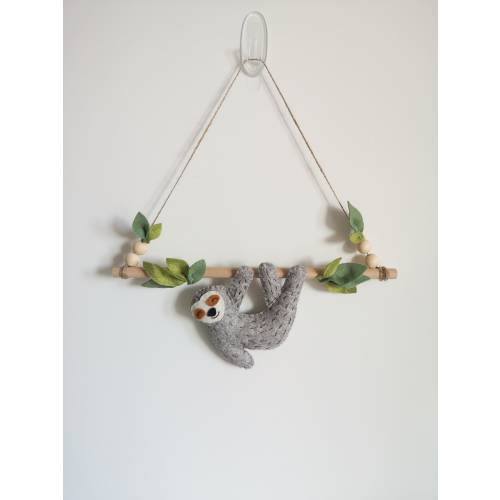Felt sloth wall hanging, sloth hanging decor, sloth nursery ideas, safari theme bedroom decor, kids room decor, baby shower gift.