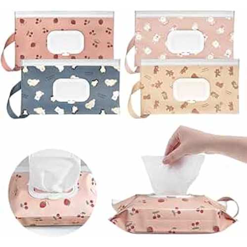 4 Pack Baby Wipes Dispenser [New Version-One Press Open],Portable Wipe Pouch,Refillable Wipe Holder, Baby Wipes Container Reusable Wet Wipes Bags Pouch for Travel (B)