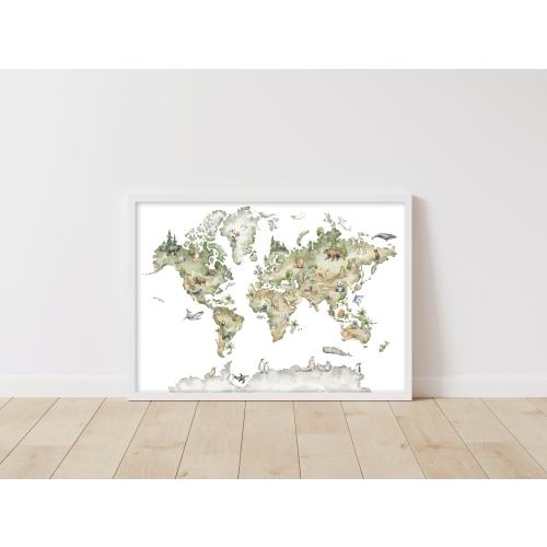 Animal World Map Print,, Woodland Animal Nursery Decor, Sage Green Nursery Decor, World Map Wall Art, Forest Nursery Decor, Forest Prints