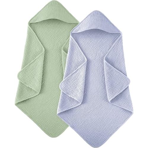 Susurration Hooded Baby Towels for Newborn 2 Pack 100% Muslin Cotton Towel for Babies，Highly Absorbent and Newborn Essential (Blue&Green)