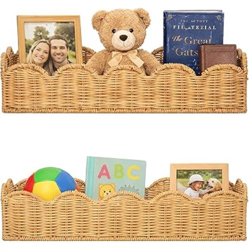 Nursery Book Shelves Set of 2 , Natural Rattan Handwoven Scalloped Floating Shelves , Wicker Rattan Nursery bookshelves, 15.8" W Wall Storage Baskets for kids,Boho , 3 in 1 Shelf ,Tray and Organizer