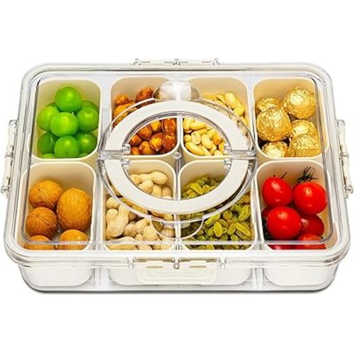 Divided Serving Tray with Lid and Handle,8 Compartments Snacks Box,Snack Fruit and Veggie Tray,Portable Platter for Candy Fruits Nuts Snack Party Entertaining Picnic (1 PCS)