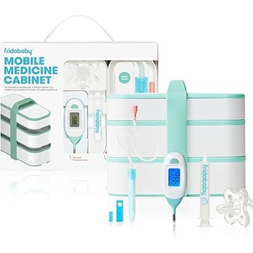 Frida Baby Mobile Medicine Cabinet Travel Kit | Baby Essentials Gift Set Includes NoseFrida Snotsucker, Rectal Thermometer, MediFrida Medicine Dispenser with Portable Carrying Case