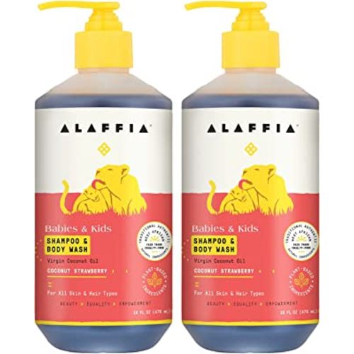 Alaffia Babies and Kids Shampoo and Body Wash, Gentle and Calming Support for Soft Hair and Skin with Shea Butter, Neem, and Coconut Oil, Fair Trade, Coconut Strawberry, 2 Pack – 16 Fl Oz Ea