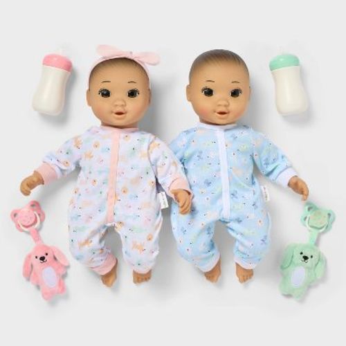 14" Boy Girl Twin Baby Dolls - Black Hair + Brown Eyes - Gigglescape™