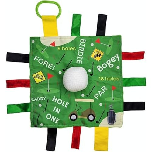 Baby Jack & Co 10x10” Golf Ball Sports Lovey Sensory Plush Blanket - Tag Toys for Sensory Play - Travel Stroller Toy - Learn Shapes, Letters & Colors - Sports Gift Educational and Soother