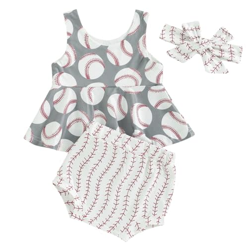 Toddler Baby Girls Baseball Outfit Ball Game Print Ruffle Tank Top and Bummie Shorts with Headband 3pcs Set